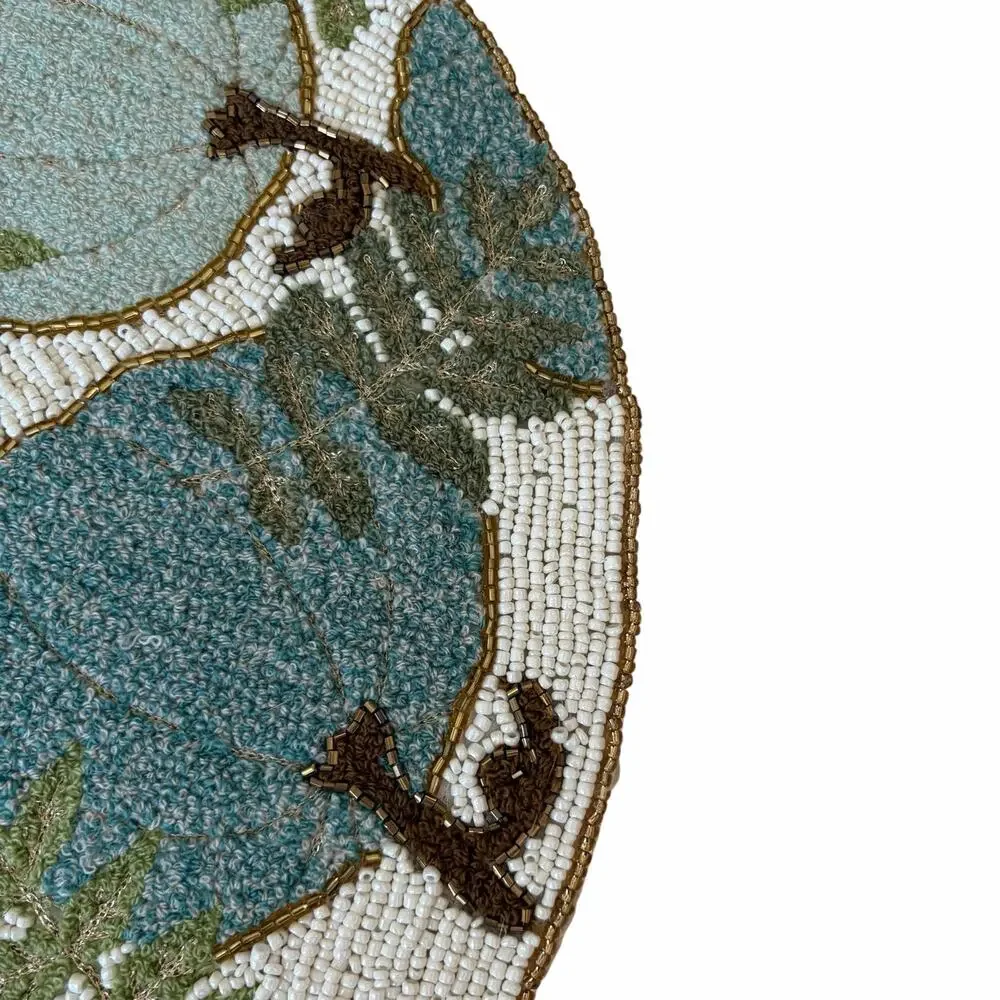 2pc Tahari Beaded Pumpkin Placemats 15in Round Blue Green Fall Thanksgiving NEW
